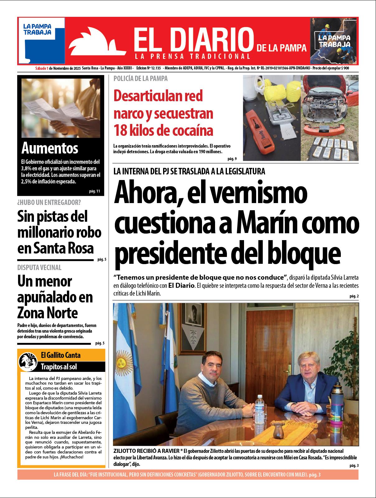 Tapa de El Diario en papel  saacutebado 01 de noviembre de 2025